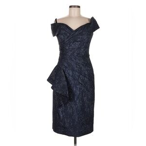 Teri Jon Metallic Jacquard Off-Shoulder Cocktail Dress in Black/Sapphire Size 4
